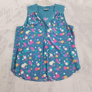 ModCloth Top Womens XL Teal Blue Multicolor Polka Dot V-Neck Sleeveless Tunic